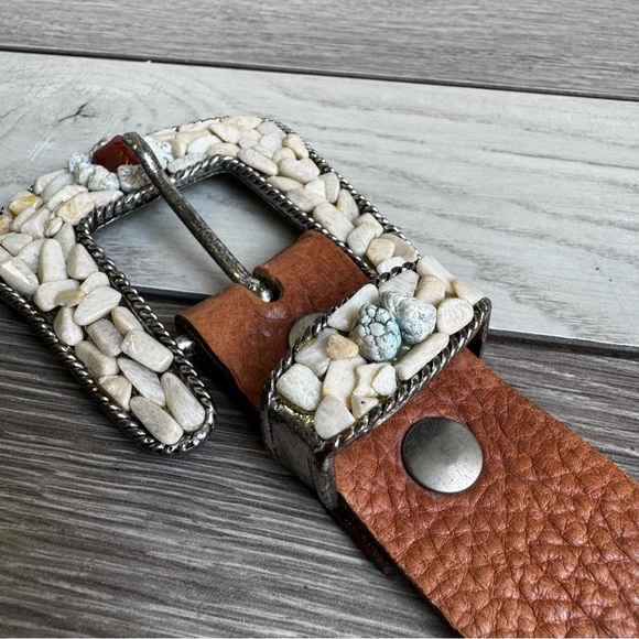 LeatherRock Vintage Tan Leather Belt W/Blue Studs And Multicolored Rock |Size:36 - Picture 4 of 11